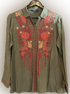 Olive Green Blouse with Red & Peach Embroidery